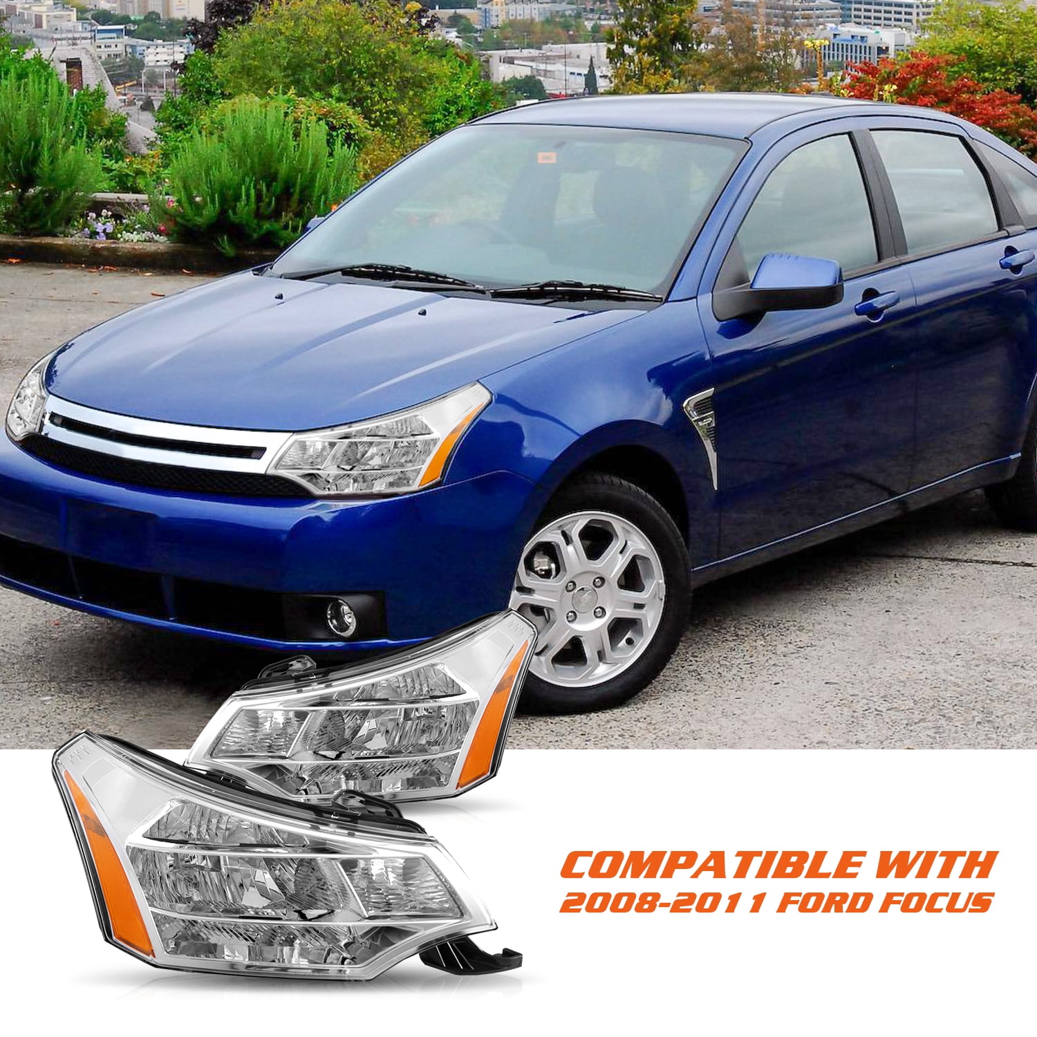 Headlights Assembly For 2008-2011 Ford Focus S SE SES SEL Chrome Housing Pair