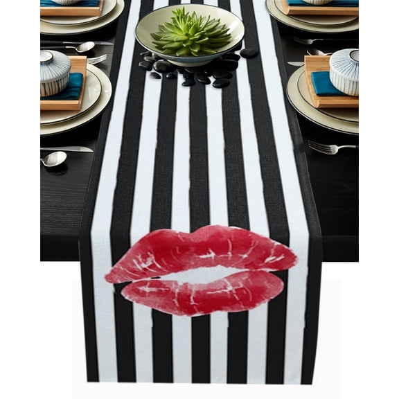 Table Runner Dresser Scarves 90 Inch Long, Watercolor Red Sexy Lipstick Print Linen Dining Table Runners Black and White Line Stripes Tabletop Scarf for Wedding Holiday Party Kitchen