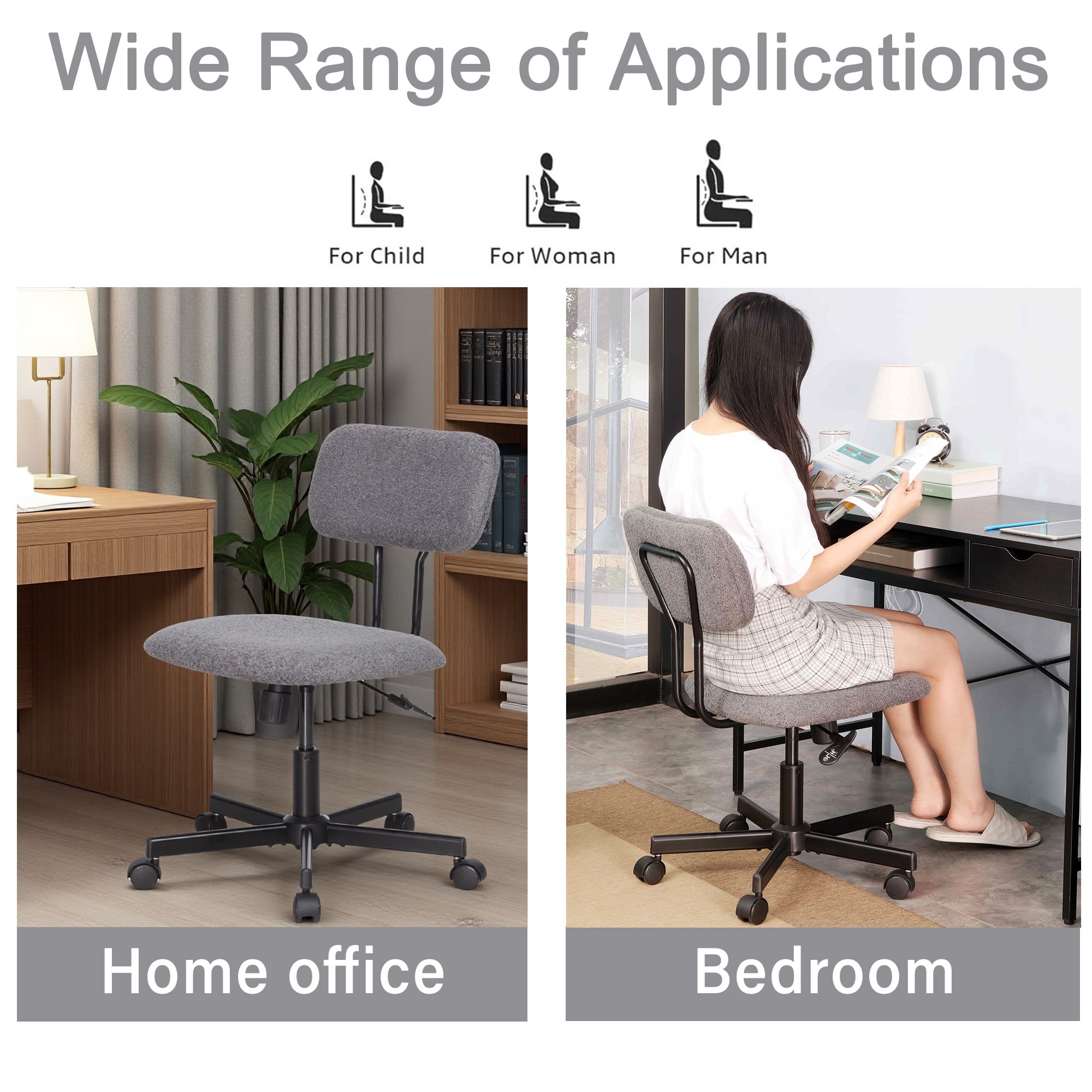 JJS Low Back Velvet Fabric Armless Home Office Computer Chair in Gray