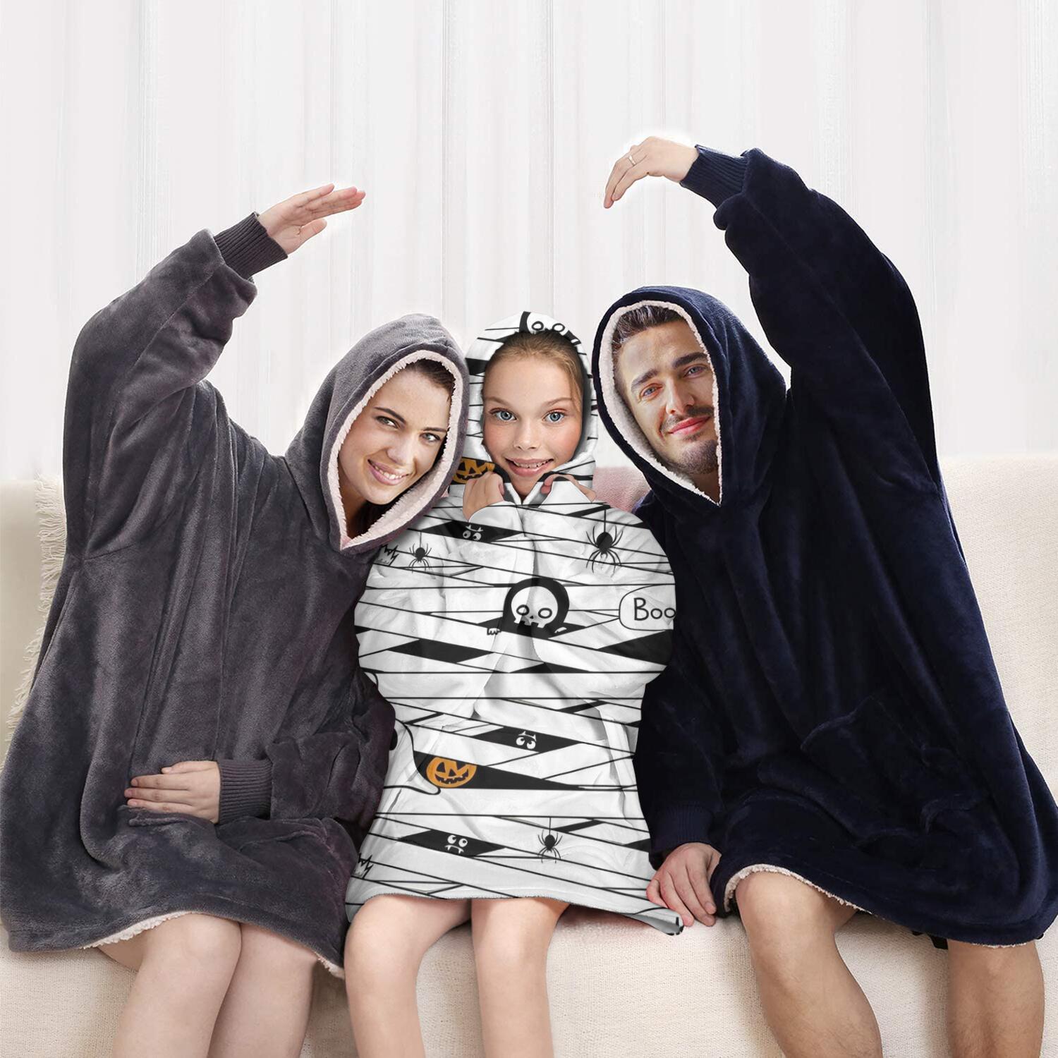 Spooky Halloween Pattern Blanket Hoodies for Kids 6-13YR Oversize Wearable Blanket Hoodies for Boys Girls Teens
