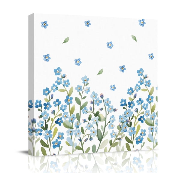Light Blue Flowers Canvas Wall Art for Living Room, Green Leaf Spring Plant Country Floral Poster Print Painting for Bedroom Office Home Decoration Wall Pictures Prepare To Hang 12"x12"