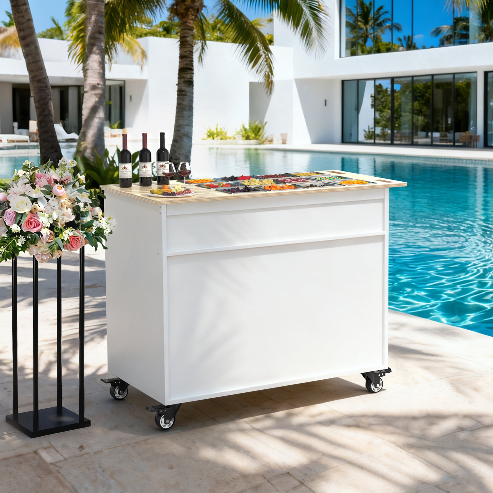 GDLF Charcuterie Cart with Stainless Steel Food Pans, Mobile Pizza Topping & Salad Bar Station, Buffet Serving Table