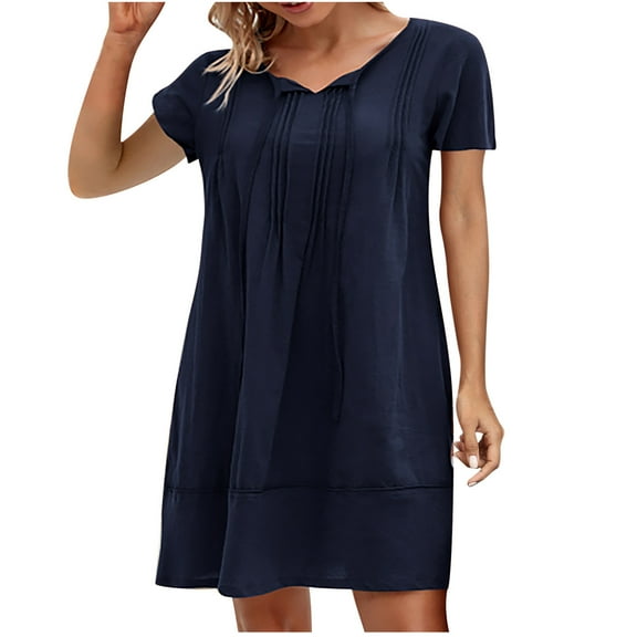 Tumotour Summer Dress For Women Cotton Shirt Dress Round Neck Casual Short Sleeve Down Beach Cover Up Shirts With Pockets