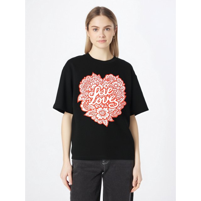 Camiseta Para Mujer De Verano Cuello RedondoWomen'S Summer Casual T-Shirt Fashion Valentine'S Day Romantic Love Cartoon Cute Doodle Heart FlowerCamisetas de verano para mujer, manga corta, cuello re