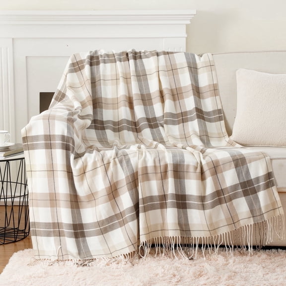 Plaid Throw Blanket for Couch,Lightweight Outdoor Beige Throws,Buffalo Plaid Blanket,50"x60"