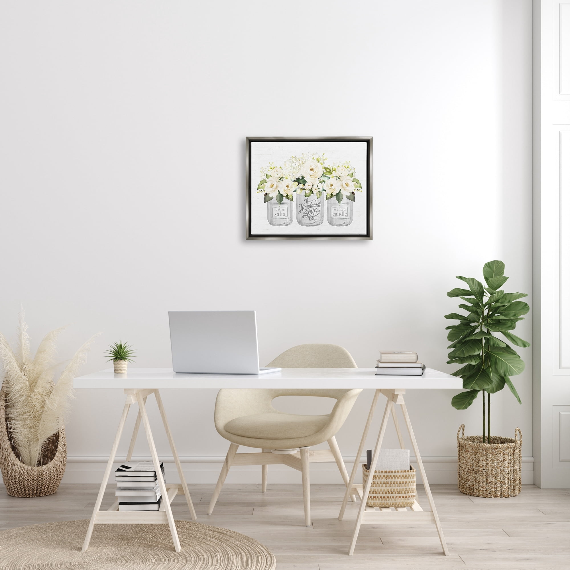 Stupell Industries White Roses Blooming Country Rustic Candle Jars Graphic Art Luster Gray Floating Framed Canvas Print Wall Art, Design by Lettered and Lined