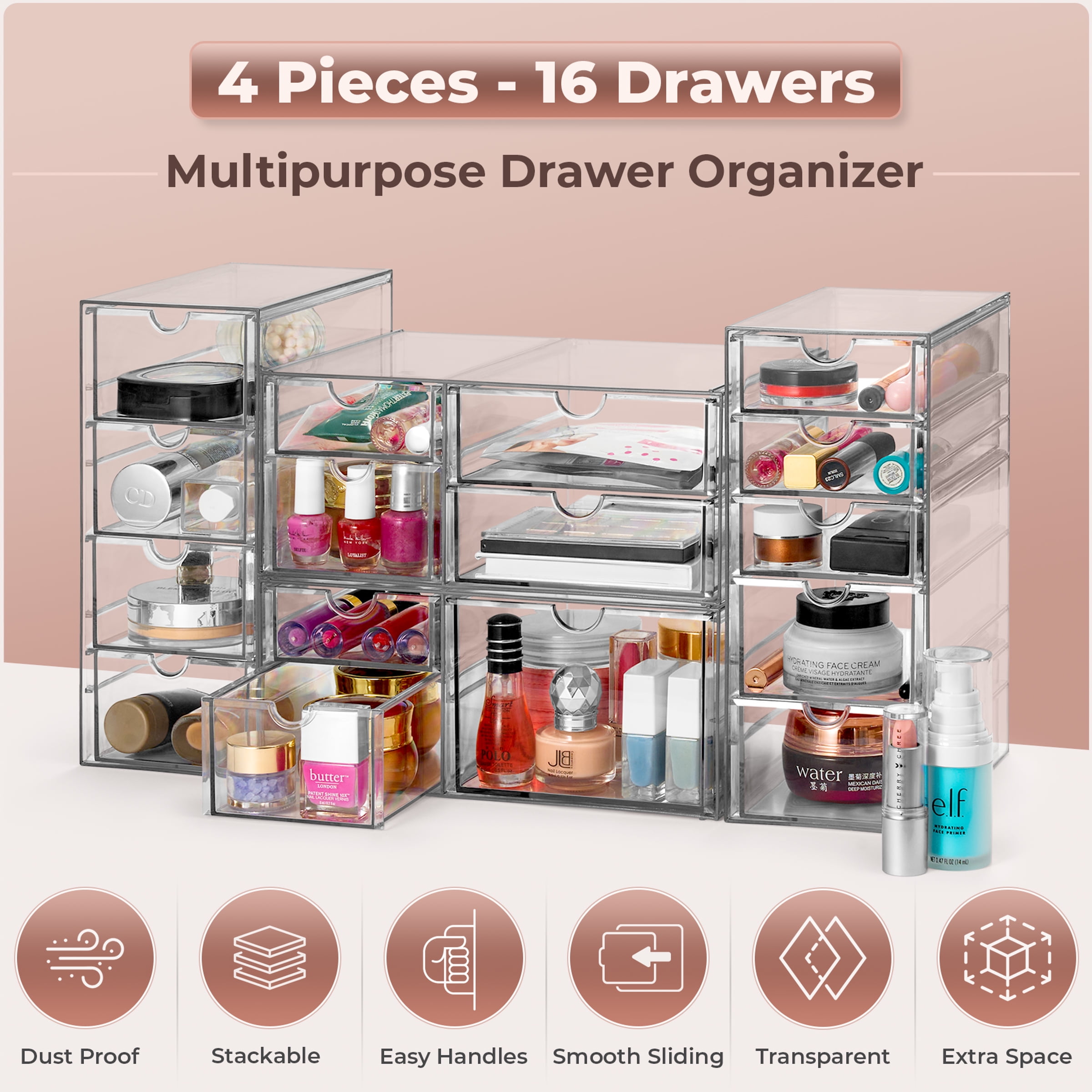 Sorbus 4-Piece Acrylic Makeup Organizer, 16 Drawer Stackable Storage Bins, Clear