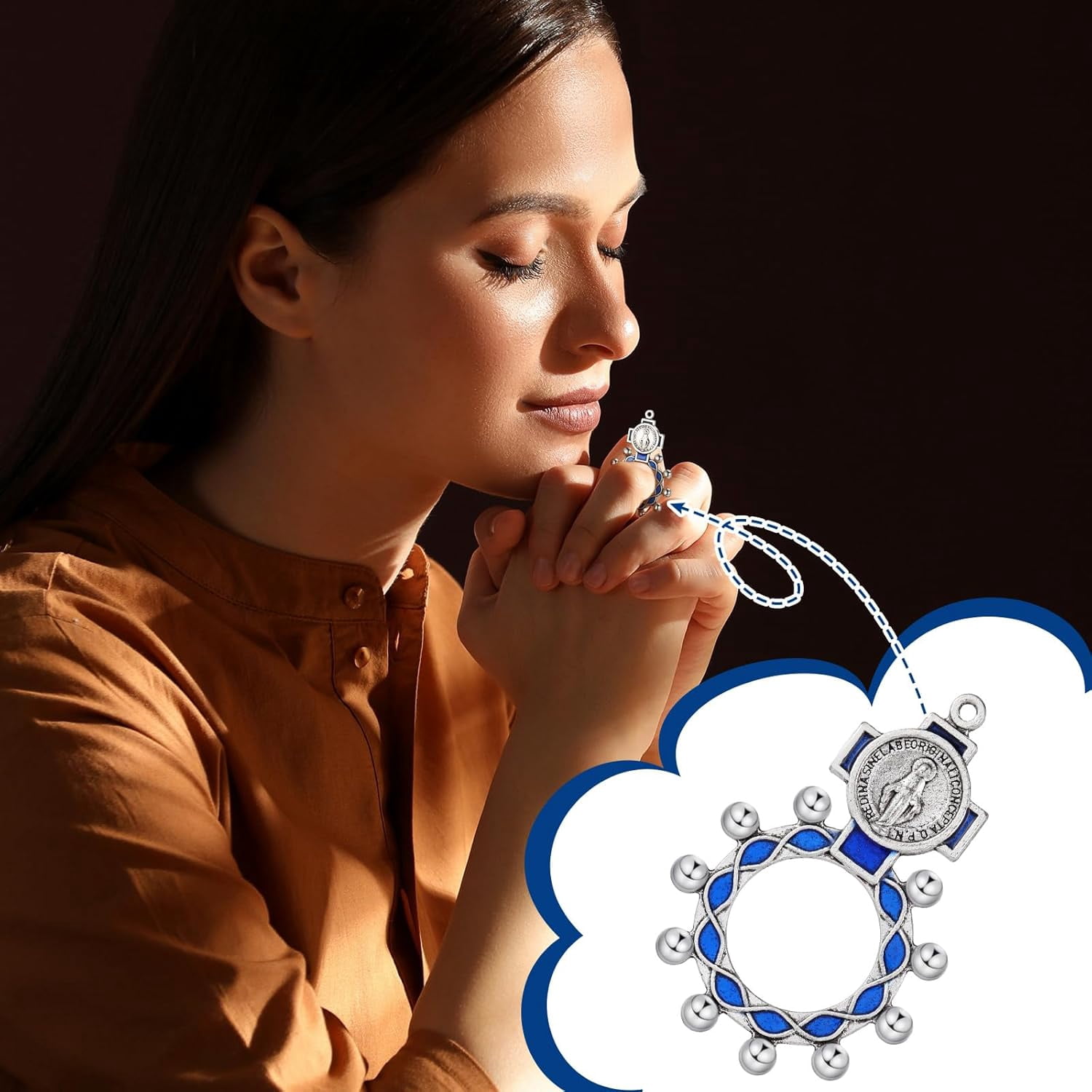 24 Pcs Finger Rosary Ring Traditional Catholic Pocket Rosary Ring Christian Medal Jewellery Crucifix Bulk Blue Keychain for Baptism Favors Prayer Accessories
