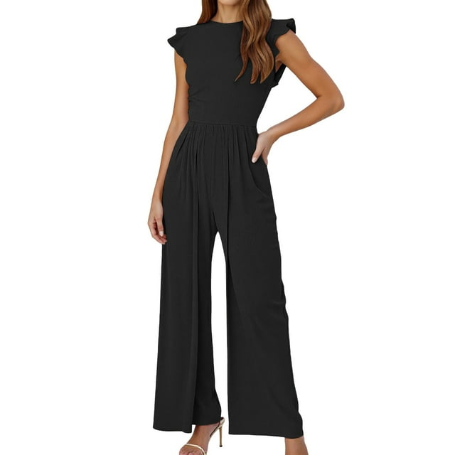 TrendOFT Womens Jumpsuits Dressy Summer Casual Knit Ruffle Cap Sleeve Solid Sleevelss Crew Neck Rib Womens Rompers One Piece Overalls Black S
