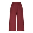 thumbnail image 6 of Bloomae Women Linen Pants Summer Wide Leg Capri Pants Elastic High Waist Loose Cropped Lounge Trousers Culottes with Pockets Wine XL, 6 of 9