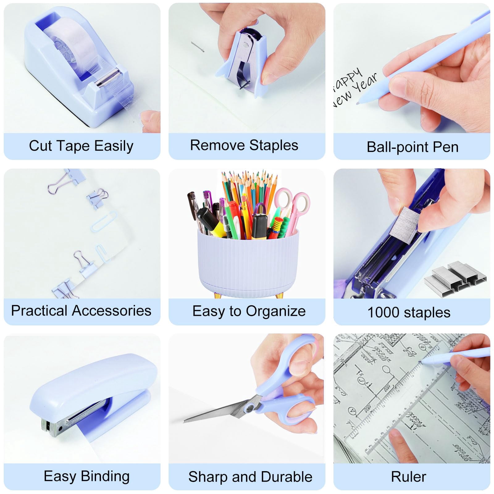 Blue Desk Organizers And Accessories Set With 360-degree Rotating Pen Holder  Tape Dispenser Stapler Staple Remover 1000 Staples Clips Ruler Scissor