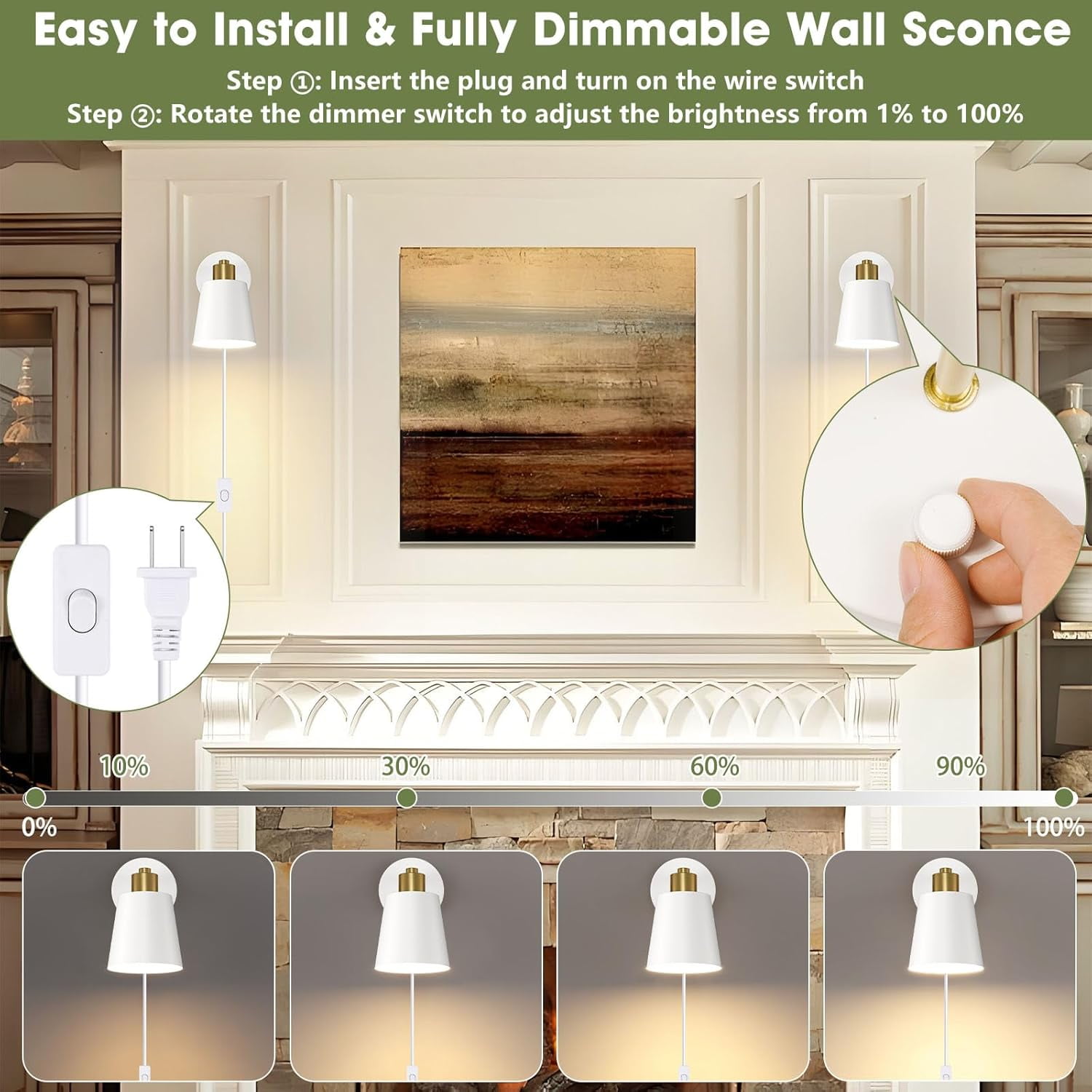Plug in Dimmer  Wall Sconces Swing Arm Light Fixtures Wall lamps with 5.45ft Plug in Cord Dimmer Knob Switch E26 Base for Bedroom Bathroom Kitchen (2 Bulbs Included)