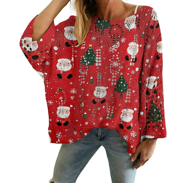 Chandails de Noël pour Femmes 2025 Col Rond Hiver Mignons Pulls