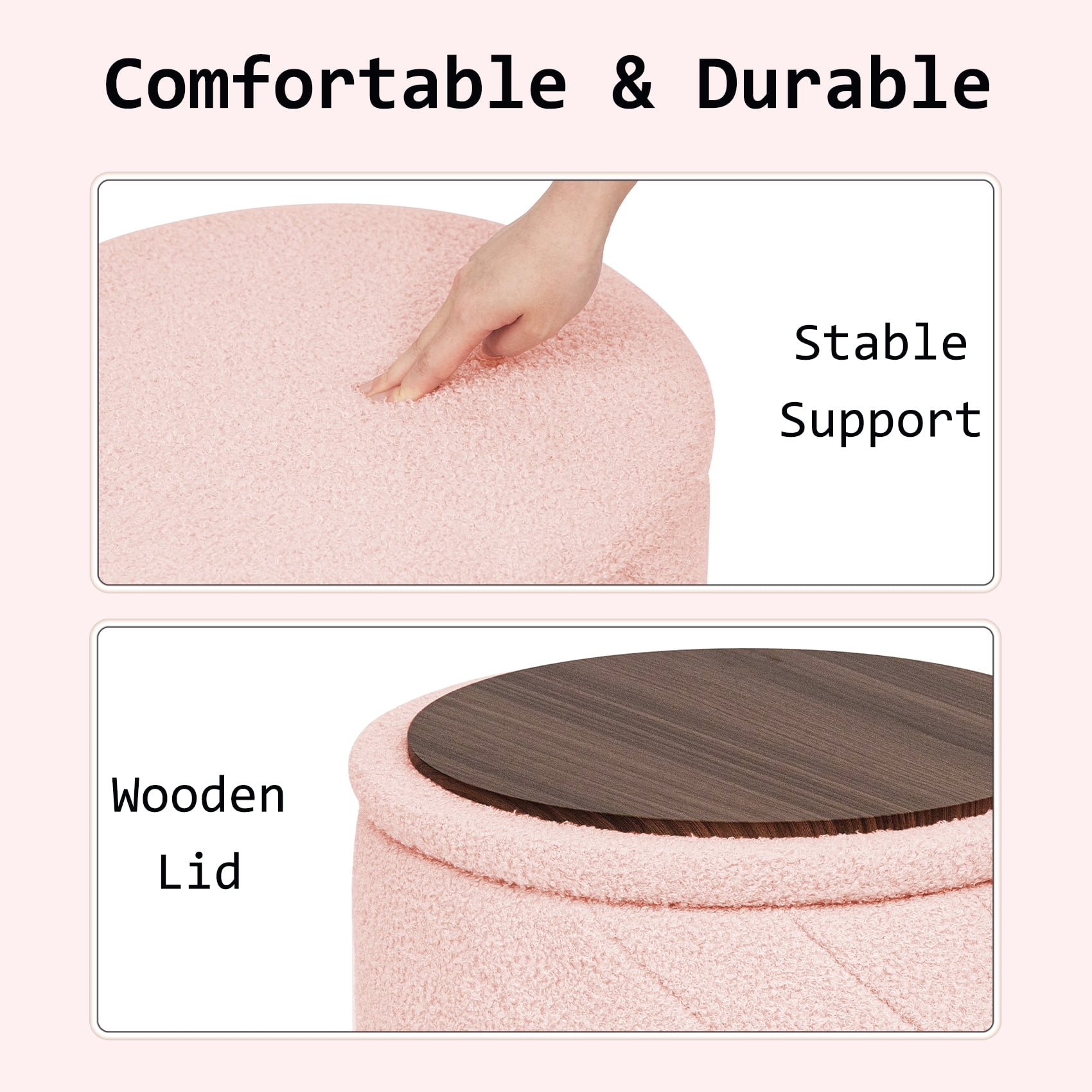PINPLUS 16.9" Storage Ottoman with Tray Collapsible Foot Rest Stool Seat for Living Room Pink,Sherpa Fabric