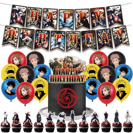 30-Piece For Jujutsu Kaisen Cartoon-Themed Party Decoration Set – Includes Banner, Cake Topper, 12 Cupcake Toppers, and 16 Balloons for Festive Celebrations