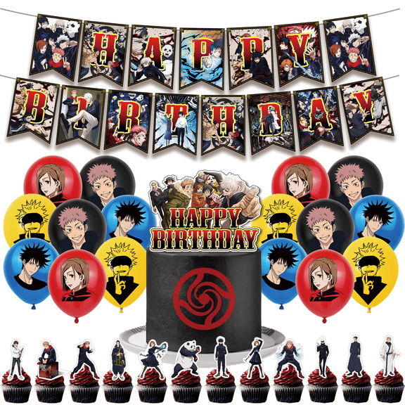 30 PCS For Jujutsu Kaisen Theme Birthday Party Decorations,With 1 Happy Birthday Banner Garland,16 Balloons,13 Cupcake Toppers,All-in-One Party Supply Set