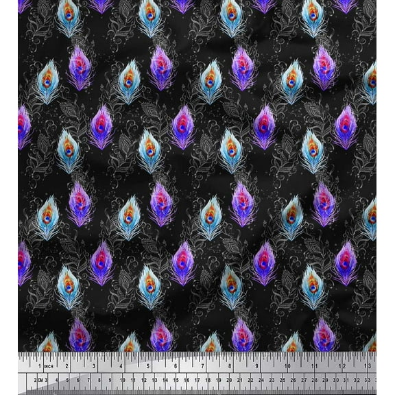 Soimoi Black Cotton Duck Fabric Peacock Feather Printed Fabric 1 Yard 42 Inch Wide