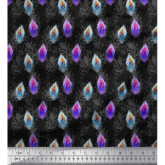 Soimoi Black Modal Satin Fabric Peacock Feather Print Fabric by Yard 42 Inch Wide
