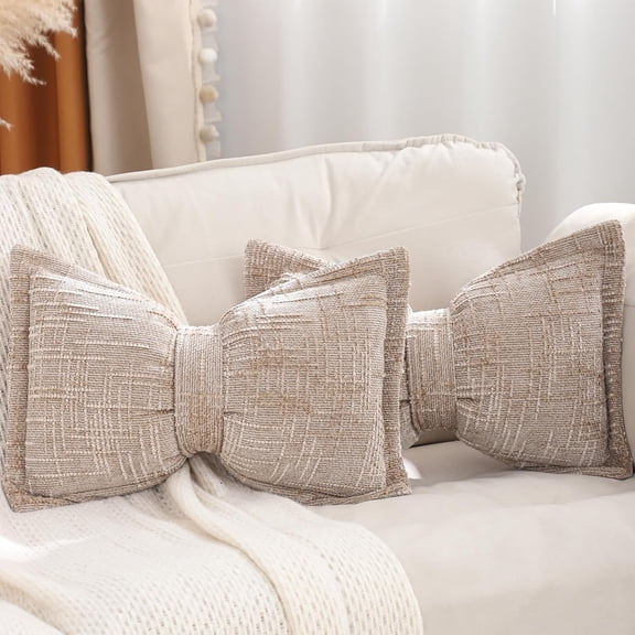 2Pcs Bow Pillow 12 x 20 Inch Boho Decorative Throw Pillows Chenille Textured Lumbar Pillows Large Bow Shaped Cushion for Bed Sofa Couch Living Room Bedroom Home Car Decor, Khaki