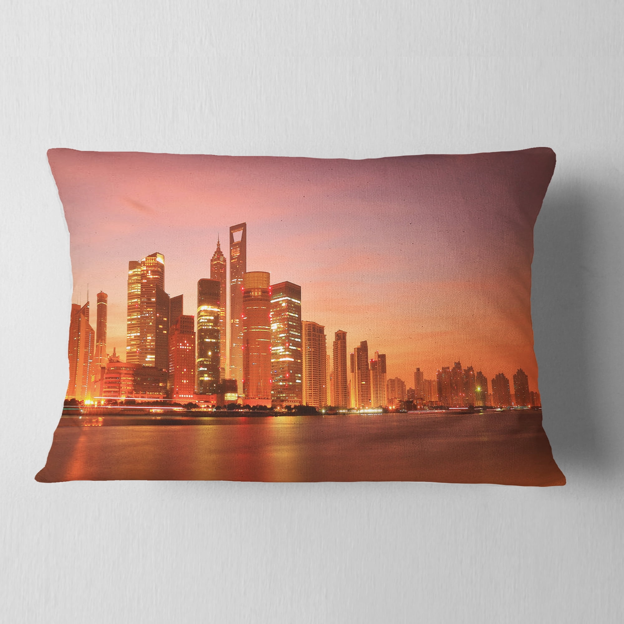 Designart Shanghai Skyline at Dawn - Cityscape Photo Throw Pillow - 12x20