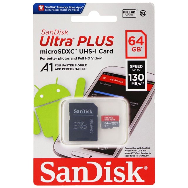SanDisk Tarjeta Ultra Plus microSDXC UHS-1 con Adaptador (64 GB/130 MB/S)