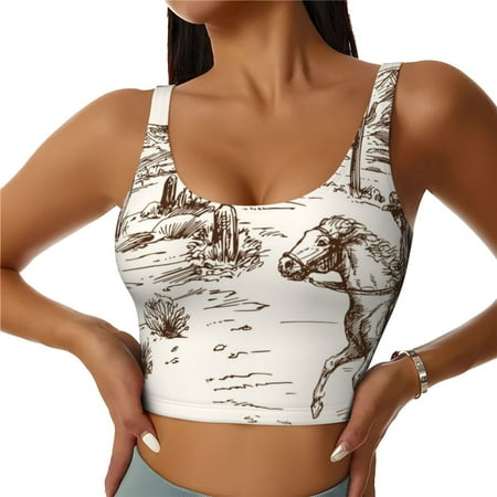 Jgfou Western Desert Cowboys3 Print Womens Sports Bra - Padded Workout Sports Bras Crop Tank Top