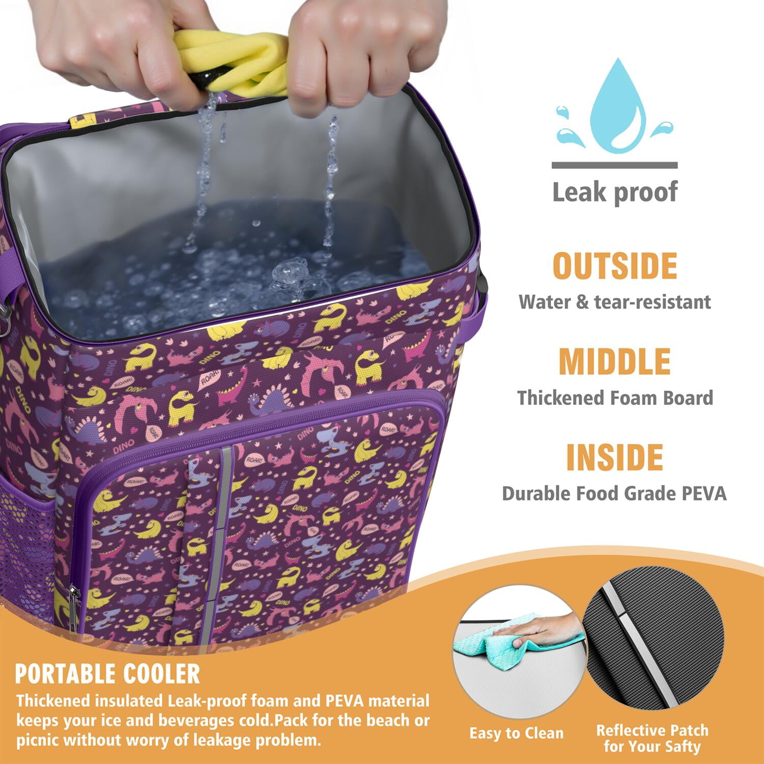 Travel Cooler Bag - Purple Dinosaurs Dino Roar Pattern Camping Beer Cooler Backpack with Bottle Opener- Waterproof Insulated Picnic Backpacks - Cooler Bag for Beach