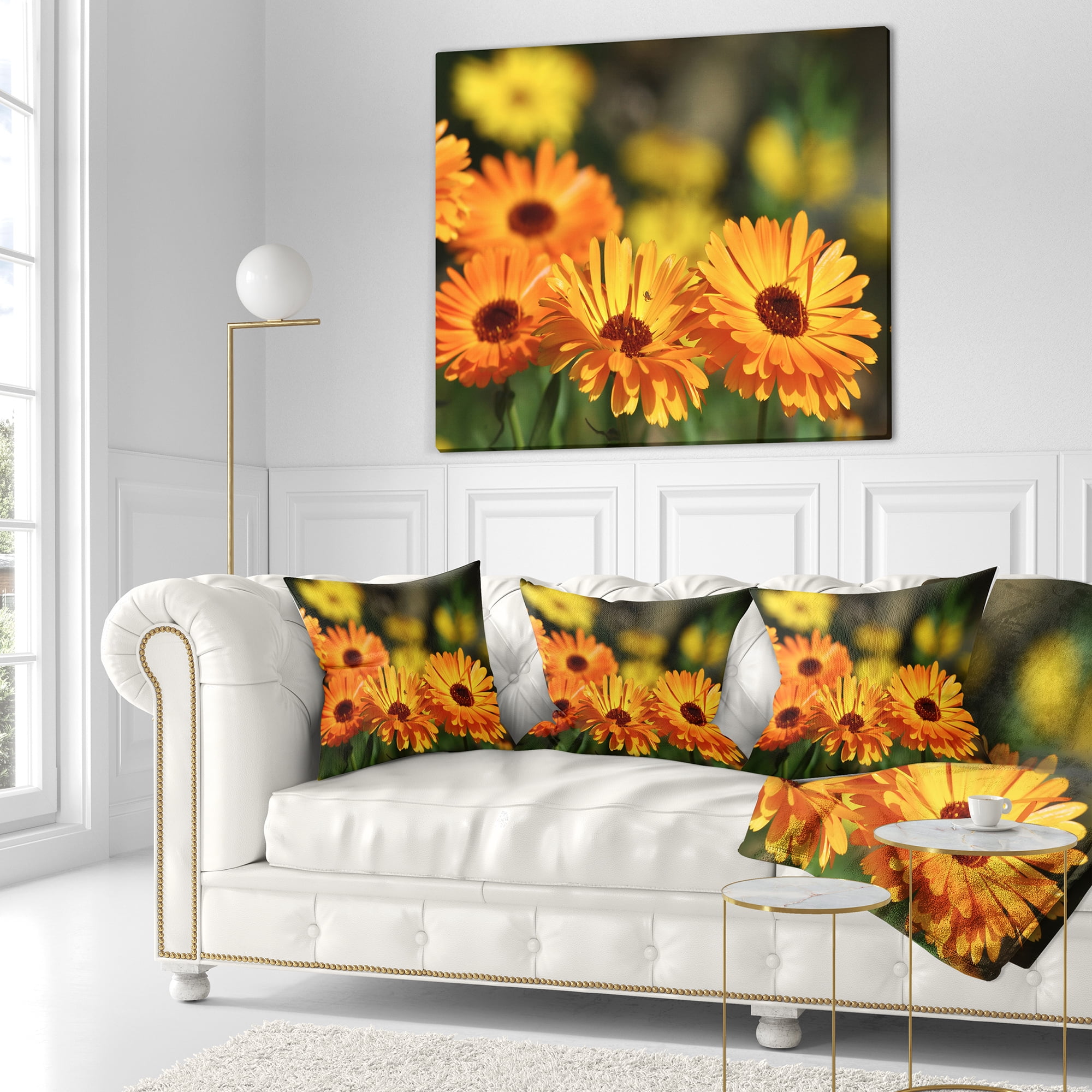 Designart Blooming Orange Marigold Flowers - Floral Throw Pillow - 16x16