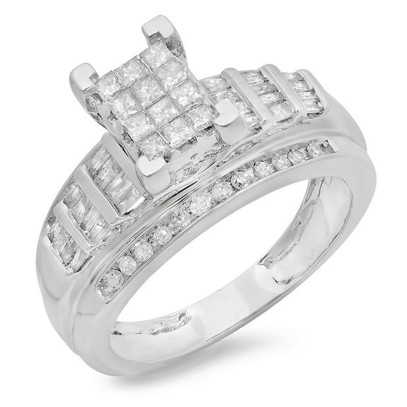 Dazzlingrock Collection 0.90 Carat (ctw) 10K Princess, Round & Baguettes Cut Diamond Ladies Bridal Engagement Ring, White Gold