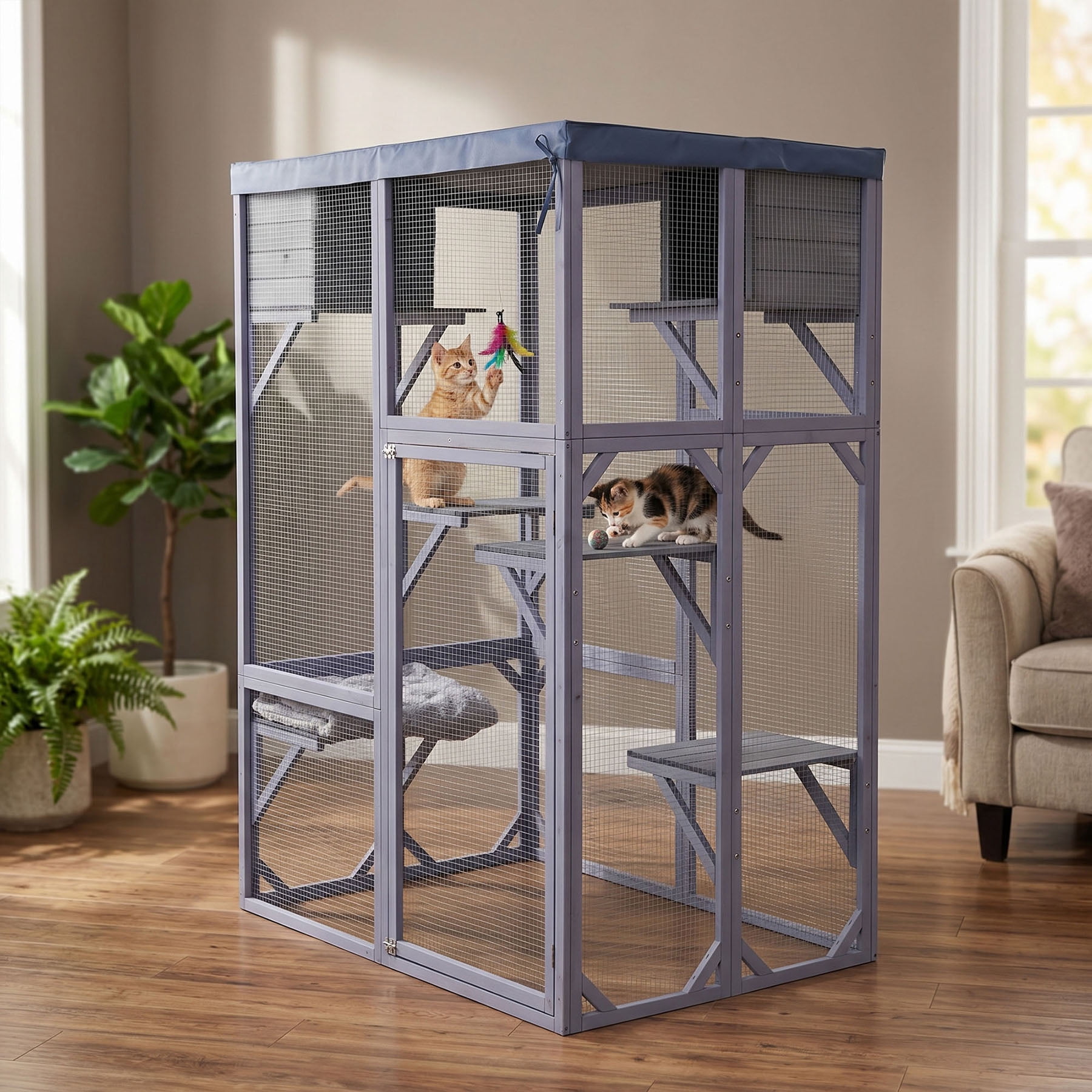 S-HOME Outdoor Cat Enclosure With 4 Platforms, 2 Napping Houses, Rounded Corners, Strong Locks And Sturdy Construction