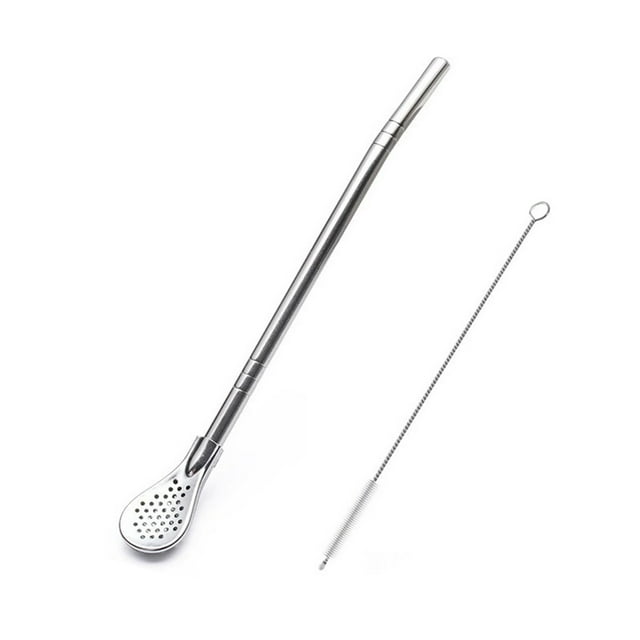 Stainless Steel Straw Spoon Coffee Beverage Stirring Spoon Milk Tea Filtering Straw Spoon With Straw Brush