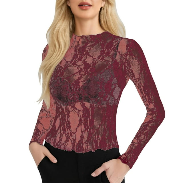 Top de malla de manga larga para mujer: blusa transparente con cuello alto, tops de encaje floral transparente, 95 % poliéster, 5 % spandex, tallas S-XXL