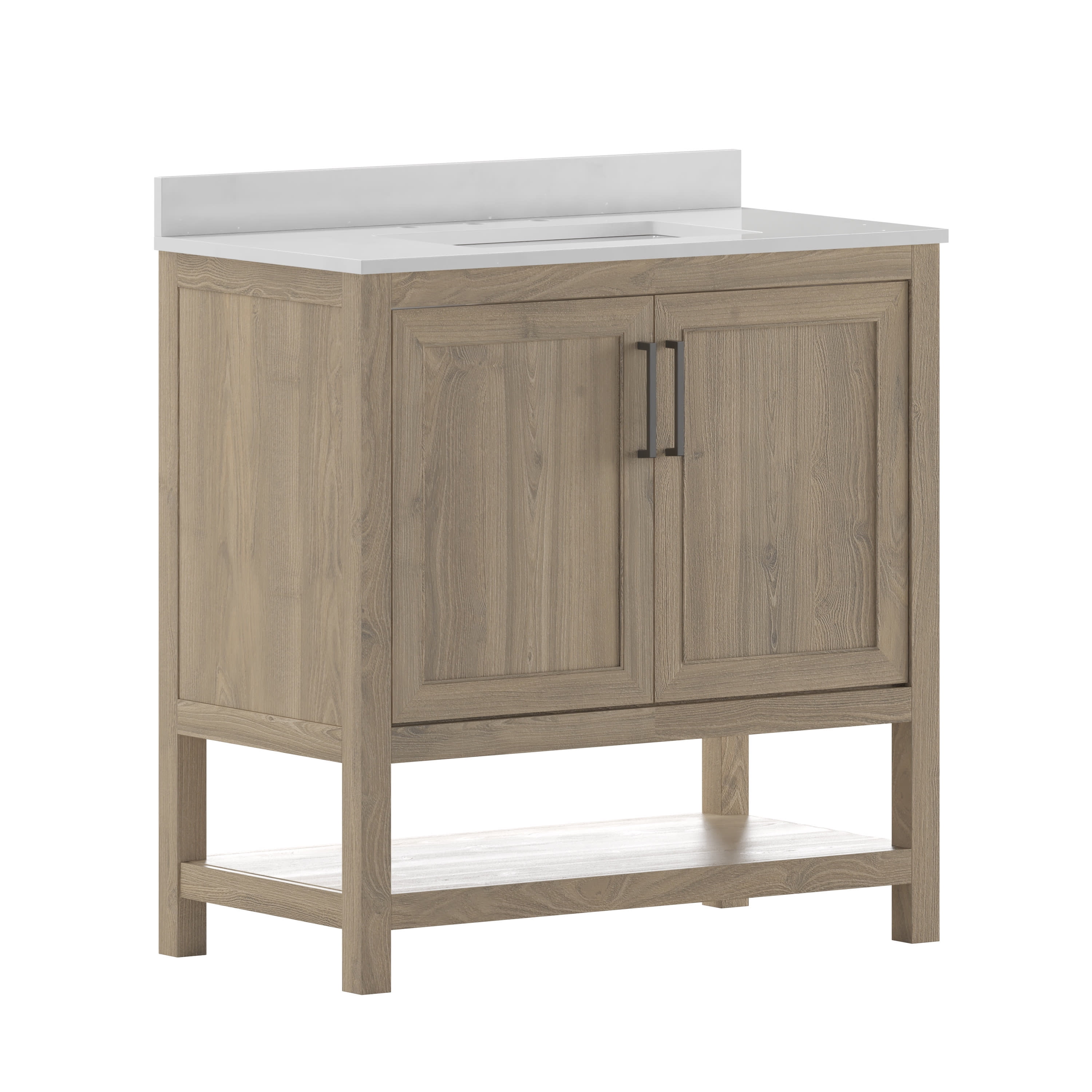 Emma + Oliver 36 Inch Bathroom Vanity, Single Sink Cabinet with 2 Soft Close Doors and Open Shelf, Carrara Marble Finish Countertop, Brown