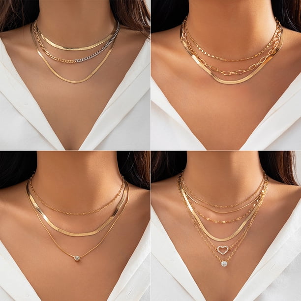 Collar de cadena de hueso de serpiente de estilo europeo y americano, collar de color con barra, collar de mujer con múltiples capas incrustadas con diamantes en forma de corazón