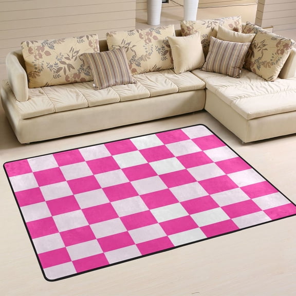 Area Rugs 72"x48" Indoor Non-Slip Wear Resistant Floor Mats Soft Large Carpets for Living Room Bedroom Home Decor Washable Rug Hot Pink Checkered Pattern