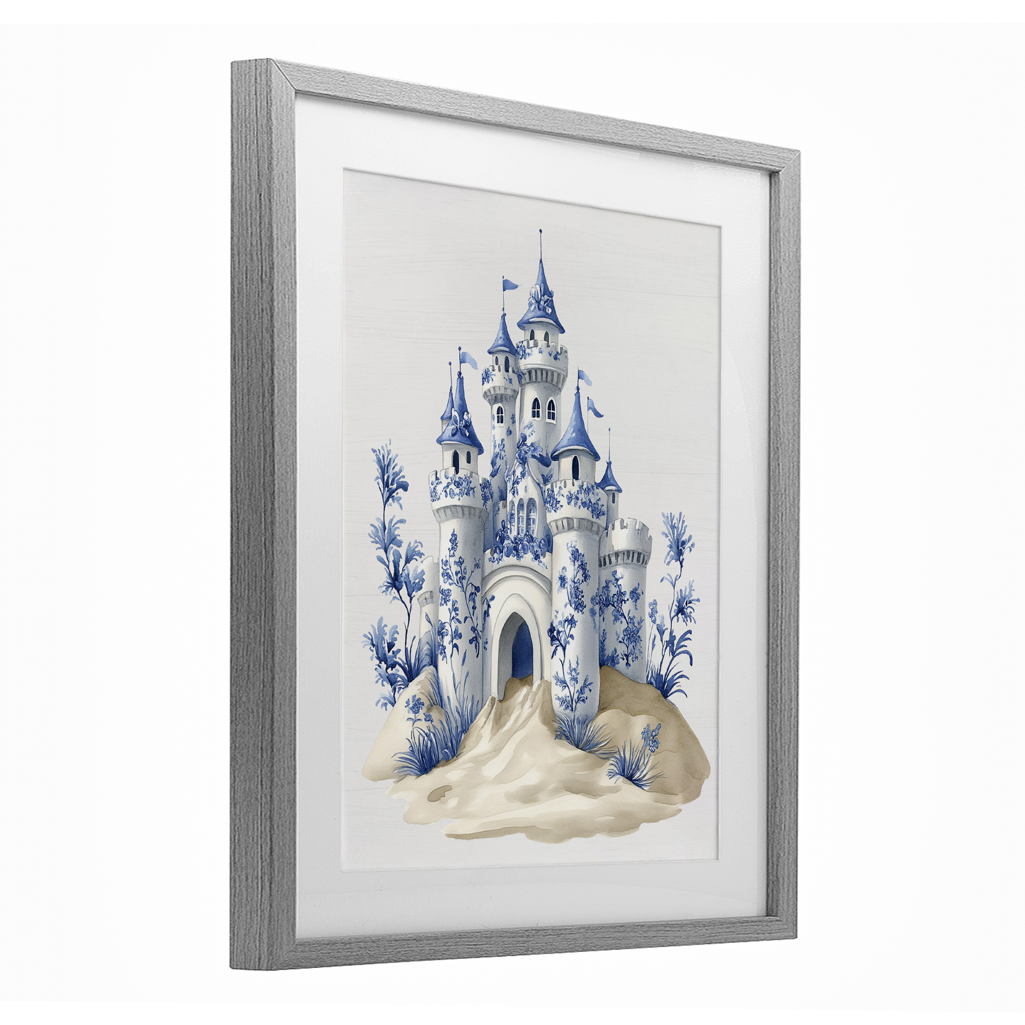 Funky Toile Castle Gray Framed Print Under Glass, design by Lettered and Lined