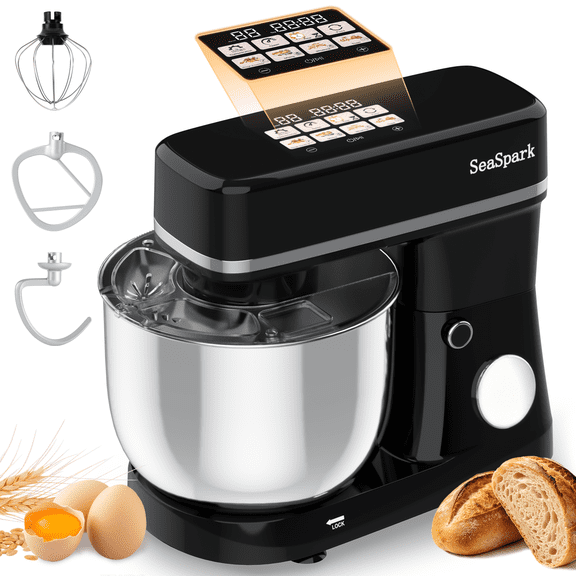 SeaSpark Smart Stand Mixer, 5.5 QT 3-in-1 Tilt-Head Kitchen Electric Mixer with Egg Whisk, Dough Hook, Beater, 11 Speed, Black