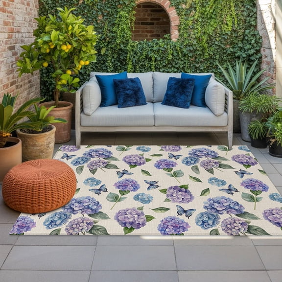 Outdoor Rug, Purple Hydrangea Flower Leaves Seamless Indoor Area Rug Outdoor Carpet RV Camping Rugs 4x6ft Country Butterfly Outside Mat for Patio Picnic Porch Deck Balcony Backyard