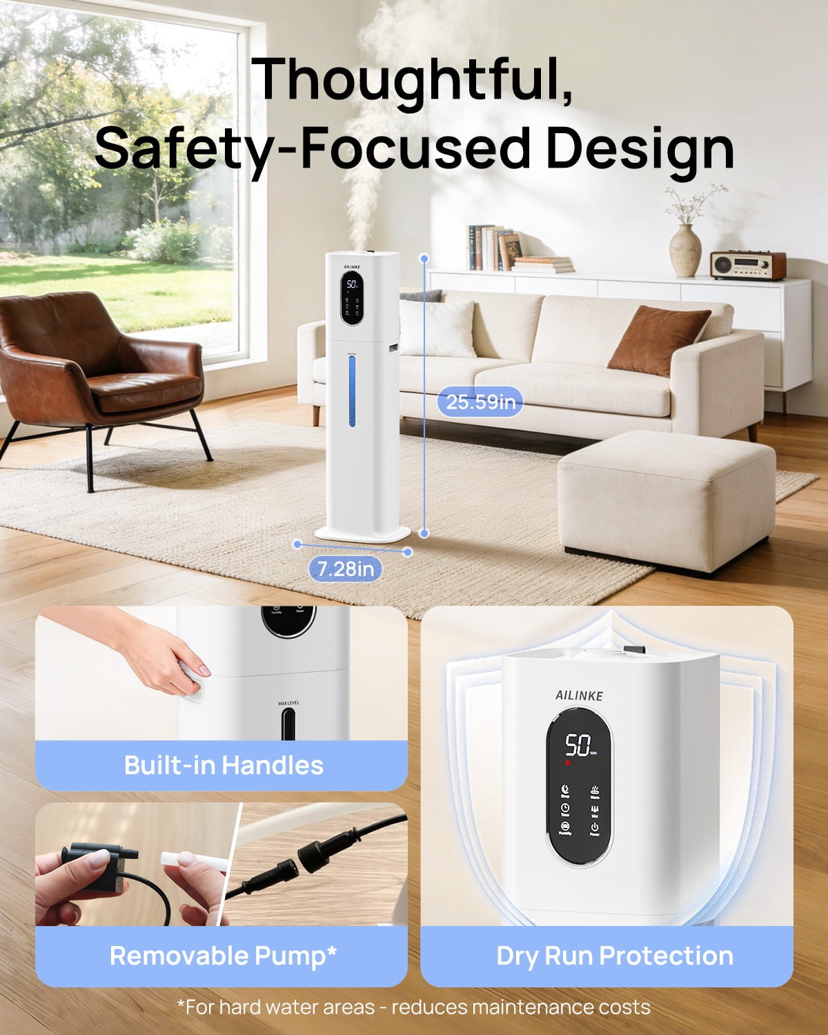 Warm Mist Humidifier, 2.1 Gallon/8 Liter Cool & Warm Mist Humidifier for Room Home, 500 Sq Ft Large Room Humidifier, White