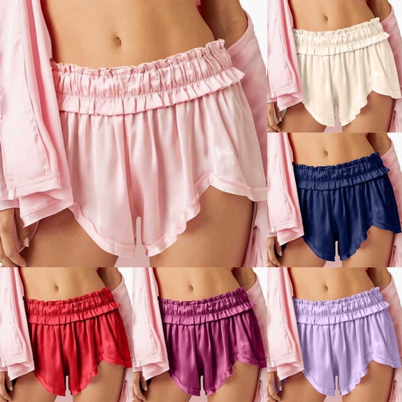 SEMPAI Women Satin Pajama Shorts Y2k Frill Elastic Waist Loose Fit Sleep Pj Shorts Comfy Ruffle Pajama Bottoms Loungewear