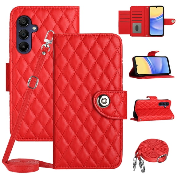 SaniMore Case for Samsung Galaxy A35, PU Leather 3D Lattice Stylish for Girls Crossbody Lanyard Flip Kickstand Card Slots Cash Pocket Magnetic Clasp Full Protective Shockproof Wallet Shell, Red