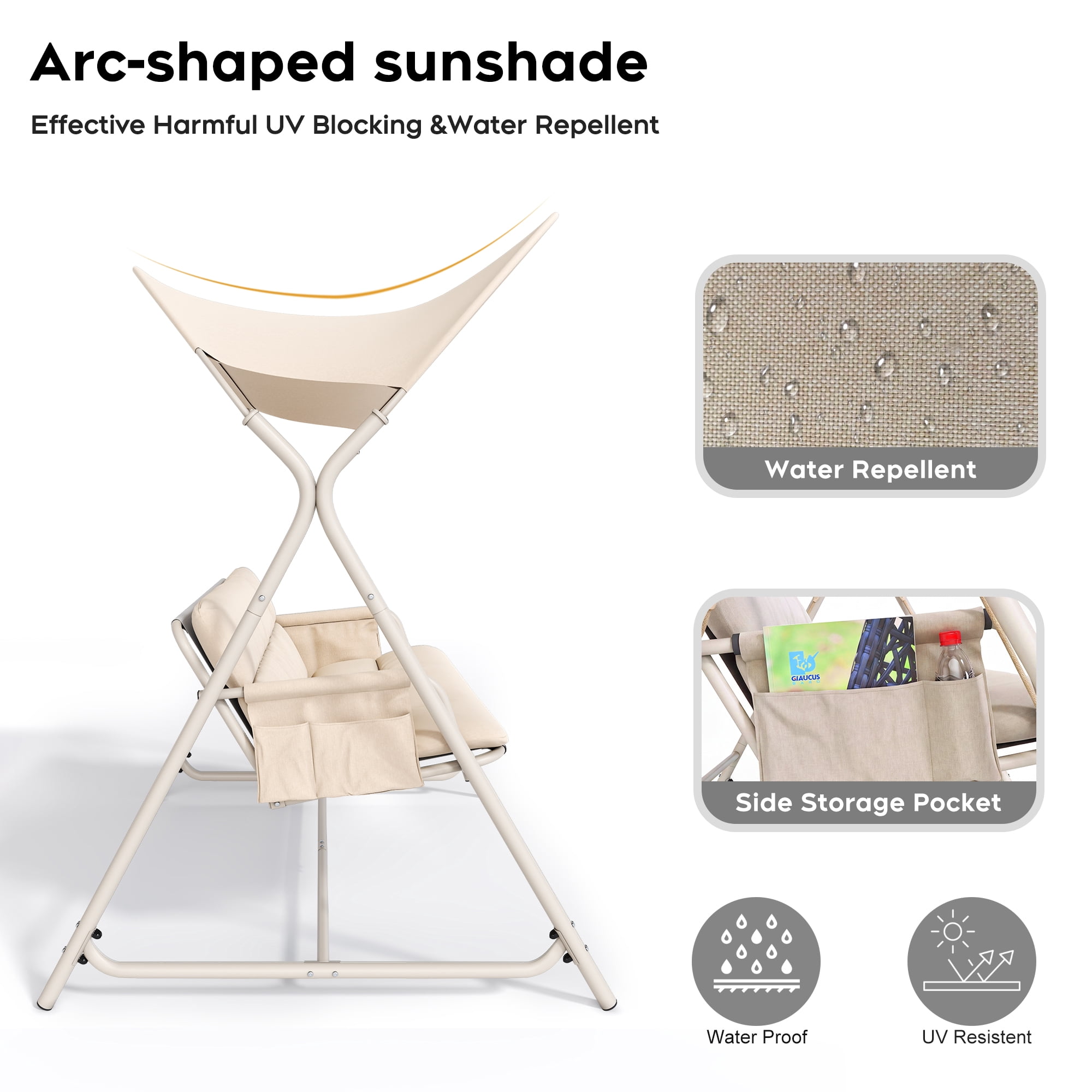 3-Person Outdoor Patio Swing Chair, Heavy-Duty Metal Frame Garden Porch Swing with Cushion