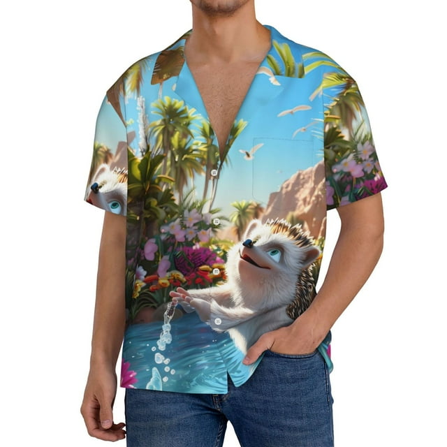 Fotbe Playful Hedgehog Forest Pond Camisa Estampada de Manga Corta para Hombre, Casual de Verano, Estilo Playero, Sin Arrugas-4X-Large