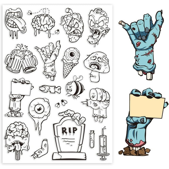 Cartoon Zombie Mushroom Tongue Clear Stamp Terror Elements Silicone Clear Stamp Seals for DIY Scrapbooking Journals Decorative Cards Making Photo Album Decorative Mixed Color
