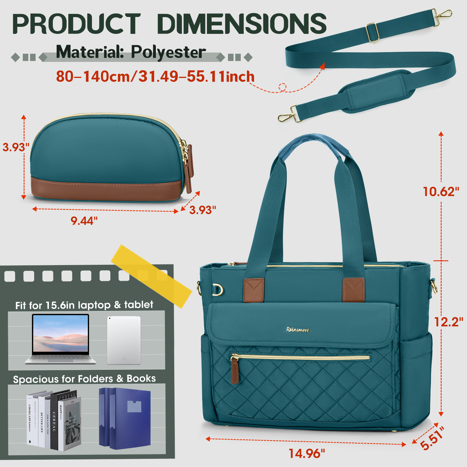 RAINSMORE Teacher Tote Bag 15.6 inch Laptop Bag for Women with Small Bag Professional Work Tote Bags Nurse Bag Computer Briefcase,Dark green