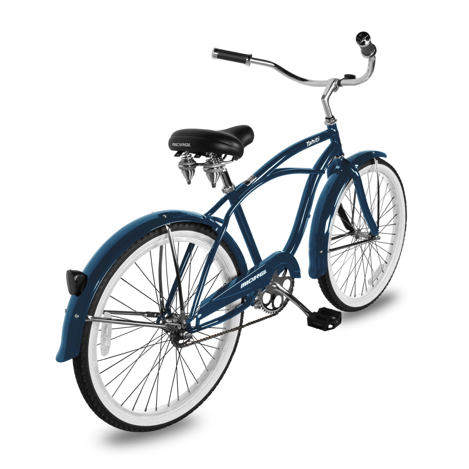 Micargi TAHITI 26" Beach Cruiser Coaster Brake Stainless Steel Spokes One Piece Crank Alloy Black Rims 36H White Wall Tire With Fenders Color: Dark Blue/ Black