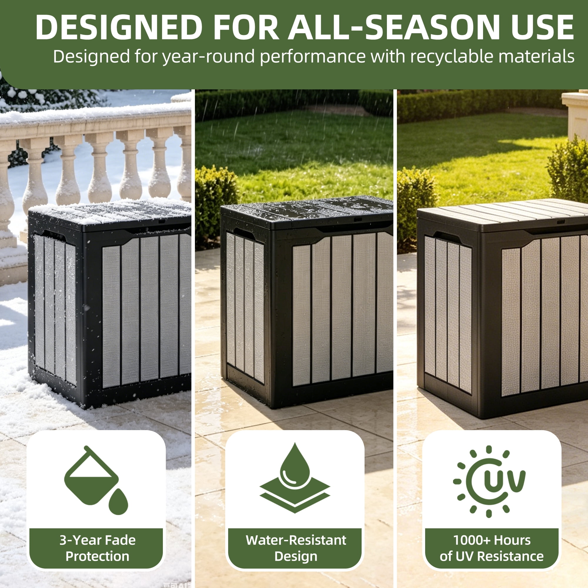 Uforic 30 Gallon Resin Deck Box, Waterproof Outdoor Storage Box, Dual Use as Patio Bench, Black & Gray