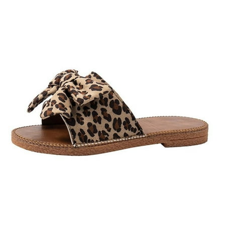 

2023 Summer Savings! WJSXC Womens Sandals Clearance Womens Casual Fashion Leopard Print Suede Bowknot Flat Beach Slippers Khaki 9