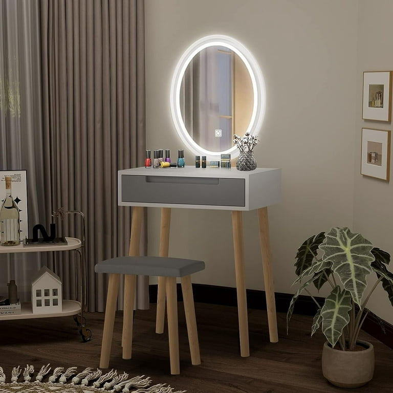 ELEWISH Makeup Vanity Table Set with 3 Modes Adjustable Lighted Mirror  Cushioned Stool, Dressing Table for Small Space with Free Make-up Organizer  (White+Wood) 