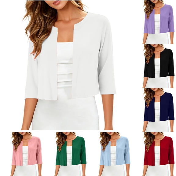 Lutiedan Shrugs for Women 3/4 Sleeve Open Front Cropped Cardigan Lightweight Casual Solid Color Bolero Cardigan,Blue